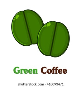 Two Green Coffee Beans Cartoon. Vector Illustration With Text Isolated On White