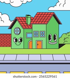 Two green color house on the street with nature background cartoon character retro hand drawn vector illustration