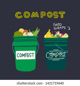 Two green composting bins with kitchen scraps. Flat style pair of trash cans with organic waste and lettering inscription Compost on dark background. For eco shop, vegan cafe, poster, flyer, banner