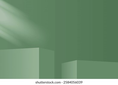 Two green cube podiums, with green gradient background, diagonal light effect, suitable for product presentation or modern design.