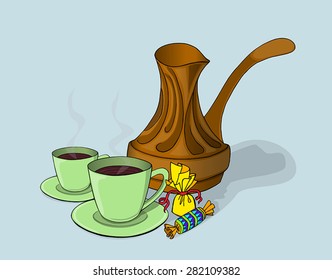 Two green cups with vintage copper coffee maker and couple of colorful candies 