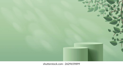 Dos podios cilíndricos verdes con ramas de árbol.