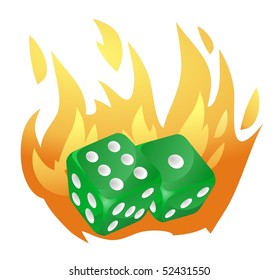 two green dice falls, enveloped in flames