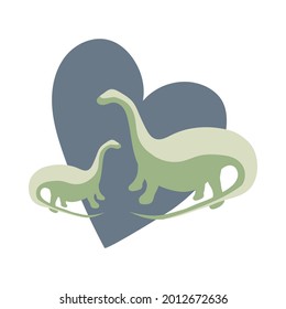 Two green dinosaurs with blue heart background, animal protection, animal love theme, dinosaur family. Concept of love for dinosaurs, parental love, can be used as logo, vector cute illustration.