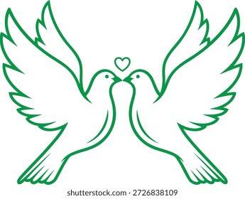 Duas pombas verdes com asas espalhadas tocando bicos com um pequeno coração verde acima deles em um fundo branco