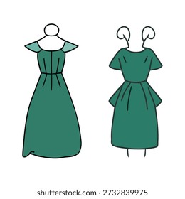 Two green dresses are displayed on mannequins, showcasing different styles and silhouettes. One dress is floor-length with a fitted bodice and flowing skirt, while the other is shorter with a more structured, A-line shape.