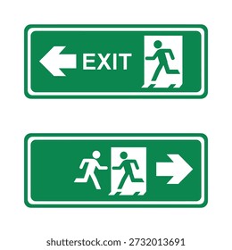 Two green exit signs with white pictograms. The top sign shows a running figure exiting to the left, with the word EXIT. The bottom sign shows two running figures exiting to the right.