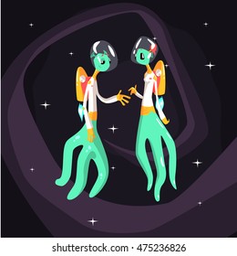 Two Green Extraterrestrial Beings In Space Suits