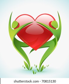 Two green figures dance as they embrace a red heart.