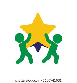 Two green figures holding a yellow star with a blue center against a Brazil vector
