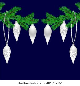 Two green fir branches with toys for the New Year. Christmas Spruce. Isolated on a blue background. Vector illustration