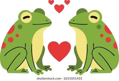 Two green frogs with red spots face each other with red hearts floating above and between them in a simple, charming love-themed vector illustration. Playful mood.