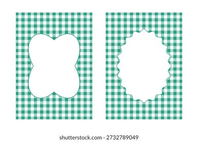 Dois modelos de cartão de gingham verde com molduras decorativas brancas. Layouts verticais para convites de férias e papelaria festiva.