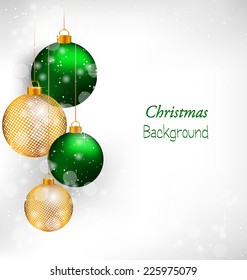 Two green and two golden netting Christmas balls in snowfall on grayscale background