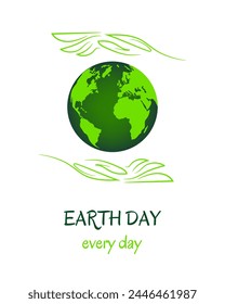 Two green hands made of leaf contours, protecting green planet Earth. Words Earth Day every day