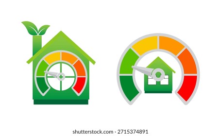 Two green home illustrations with integrated color-coded performance meters indicating excellent energy efficiency.