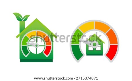 Two green home illustrations with integrated color-coded performance meters indicating excellent energy efficiency.