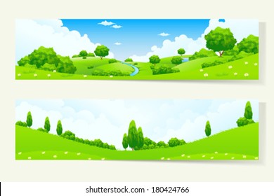 Two Green Horizontal Banners with Nature Landscape