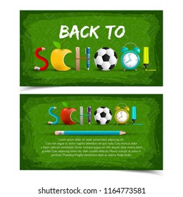 Two green isolated and horizontal back to school banner set with word school is made with items vector illustration Two green isolated and horizontal back to school banner set with word school is made with items vector illustration