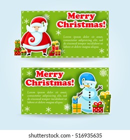 Two green isolated horizontal christmas banner set with gifts snowman and santa vector illustration
