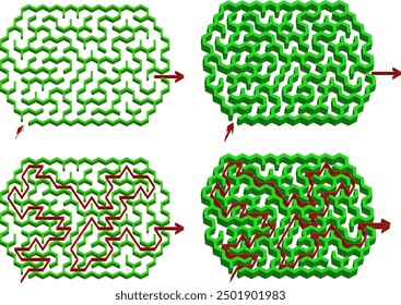 Two green isometric simple garden mazes with different thickness of walls with solution. 3d hexagonal labyrinths in perspective lying on the white background. Vector illustration. Light difficulty. 