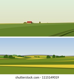 Two Green landscape with yellow fields. Lovely rural nature. Unlimited space. Vector illustration.