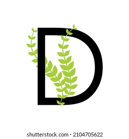 Two green leaf stalk wrapped around the letter D shape for initial logo, brand identity or symbol.