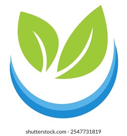 two green leaves above a blue curved line, forming an abstract logo. The background is white. The concept represents eco-friendliness, hydroponic gardening, and sustainability. Vector illustration