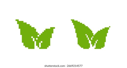 Dos hojas verdes diseñadas en un estilo clásico de arte retro de píxeles de 8 bits, perfecto para temas de naturaleza y diseño.