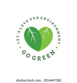 two green leaves forming a heart for go green logo design