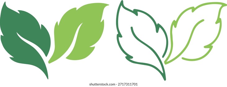 Conjunto de iconos de dos hojas verdes, planta orgánica de Vector plano y símbolos de ecología de la naturaleza