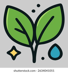 Zwei grüne Blätter Ikone Vektor mit Wassertropfen für natürliche Produkt-Branding, Kräuter und Öko-Projekte.