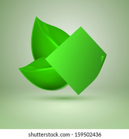 Two green leaves. Label with place for text. EPS10 vector.
