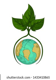 Two green leaves with long roots around symbol of blue planet. Great element or logo of eco design.