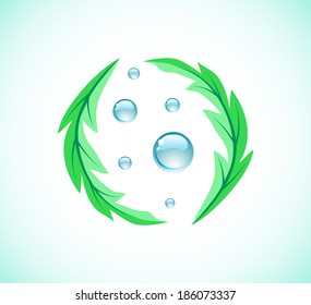 Two green leaves and water drop. Vector drawing.