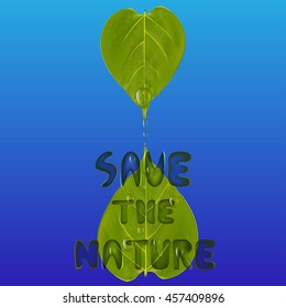 Two green leaves with water drops and wordings save the nature, environment concept vector illustration