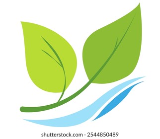 two green leaves with a water stream flowing underneath on a white background. The design uses clean lines and simple shapes, symbolizing nature, gardening, and environmental sustainability.