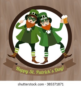 Two green Leprechaun with beer and  Irish flag celebrating Saint Patrick's Day