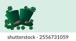 Two green leprechaun hats with buckles and shamrocks are arranged on a pale green background, symbolizing St. Patrick