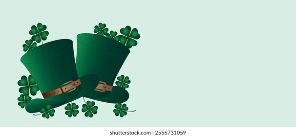 Two green leprechaun hats with buckles and shamrocks are arranged on a pale green background, symbolizing St. Patrick's Day.	