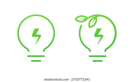 Dos iconos de bombilla de arte de línea verde sobre fondo blanco. Uno representa la electricidad, el otro la energía renovable ecológica con hojas. Conceptos de energía sostenible.