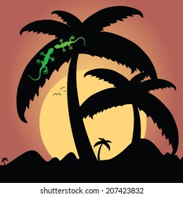 two green lizard on palm tree illustration