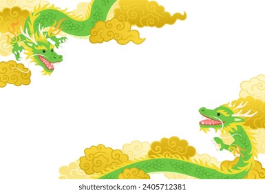 Two green long dragons and golden clouds frame illustration