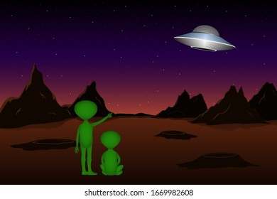 Two green Martians looking to flying saucer. Vector illustration.