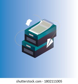 The two green office boxes and paper