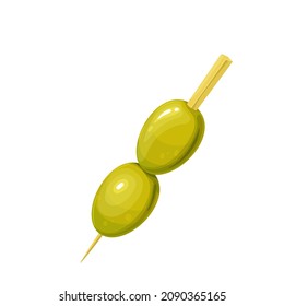 Two green olives on a wooden skewer vector illustration.