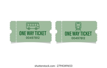 Two green one way ticket stubs side by side on white background, featuring bus and train icons with numbers