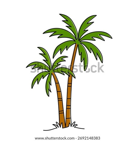 Two green palm trees in a linear style. Vacation and weekend concept. Flat vector illustration on a white background.