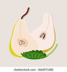 Dos peras verdes con hojas verdes sobre un fondo beige claro. Diseño vectorial moderno. Ilustraciones de frutas. Diseño plano