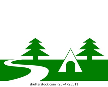 Two green pine trees, a white tent in the middle, and a white winding path leading towards the trees, symbolizing an outdoor camping or nature related theme. 